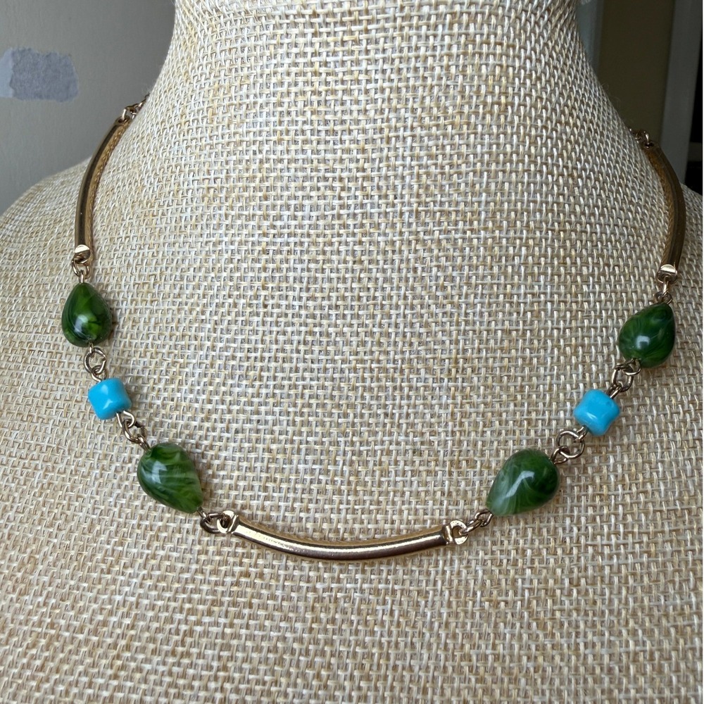 Vintage‎ Boho Chic Green Blue Bead Gold Tone Bar Necklace from Sarah Coventry